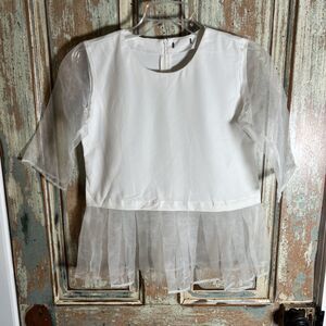 White Fairy Princess Top With Tulle 3/4 Sleeves And Pleated Bottom Ruffle Small
